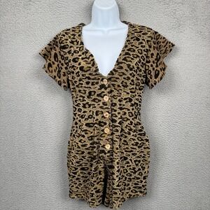 Free People Romper Women XS Brown Leopard Cheetah Print Jumpsuit Terrycloth Boho